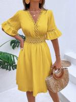 Vestido Blanco Puro de Verano Cintura de Encaje con Parche de Moda Cuello en V Manga Corta - details 9