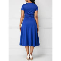 Elegante fiesta midi para mujer en color liso con cuello en V y cintura definida, vestido de noche asimétrico de manga corta - details 1