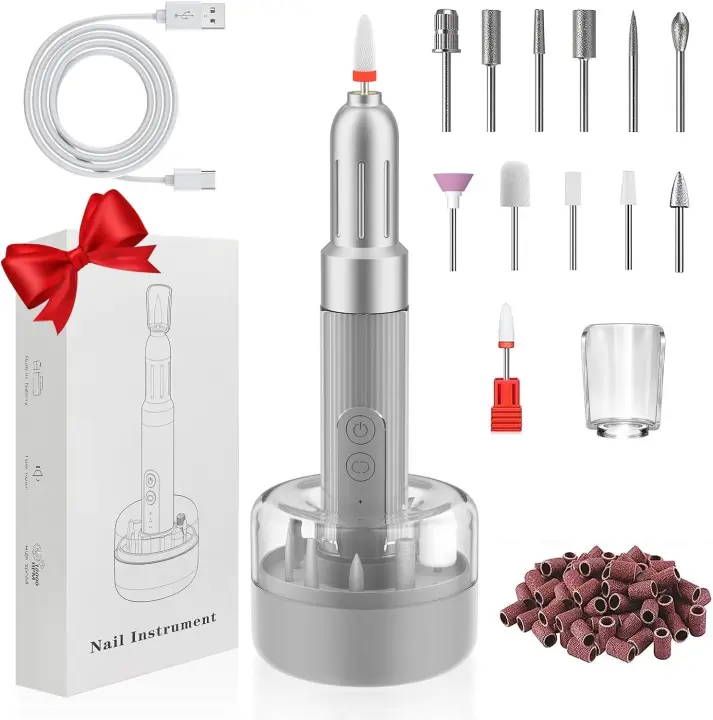Limas de uñas eléctricas, kit de lima de uñas portátil con base recargable, 12 brocas de uñas, 6 velocidades ajustables para uñas de gel acrílico, regalos profesionales de taladro de uñas para mujeres mamá - 1