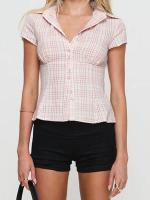 2025 Camisa con botones a cuadros de manga corta Y2K para mujer, blusas con botones, Tops informales de verano, ropa de calle de los años 90 - details 1