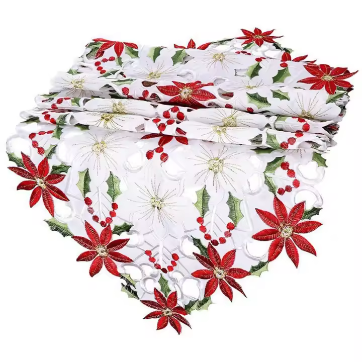 Camino de mesa de Navidad, ropa de mesa bordada de hoja de acebo de Poinsettia, decoraciones navideñas, 15X53 pulgadas - 1