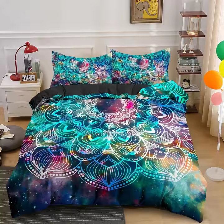 Juego de Ropa de Cama de Lujo Boho Psicodélico 3PCS Funda de Edredón de Poliéster con Funda de Almohada Cubierta de Edredón de Mandala Rey-Reina - 1