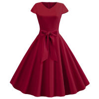 Women summer vintage with belt short sleeve v neck elegant retro swing party dresses - details 17