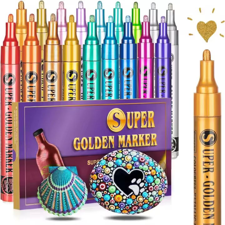 Marcador de color metálico súper dorado, 12/18 Farben funkelnde metallische Glitzermarker, acrílico-Farbstifte für Felsmalerei, Glas - 1