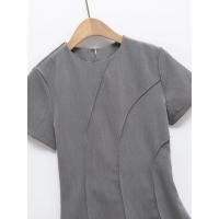 OUWU- Mini Vestido Gris Primavera 2025 Manga Corta Cuello Redondo Oficina para Casual Staple Uste Elástico Traboo Ocio Esencial - details 2