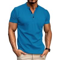 Camisa para hombre, ropa informal y cómoda de manga corta con botones y cuello redondo de color sólido. - details 0