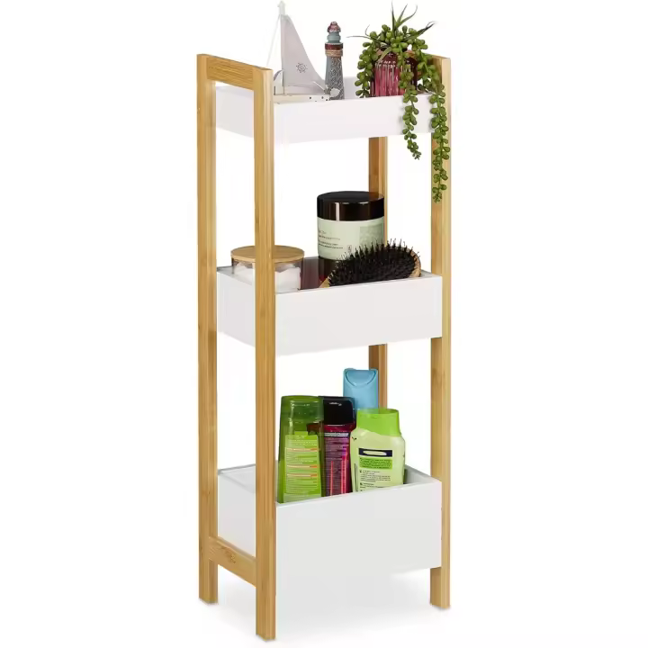 Estantería de Baño de Bambú y MDF 74,5 x 28 x 20 cm 3 Cestas Diseño Vertical para Baño y Cocina - 1