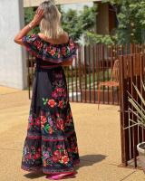 Vestido Largo para Mujer Verano 2025 Escote Palabra de Honor con Estampado de Flores Rojas - details 25