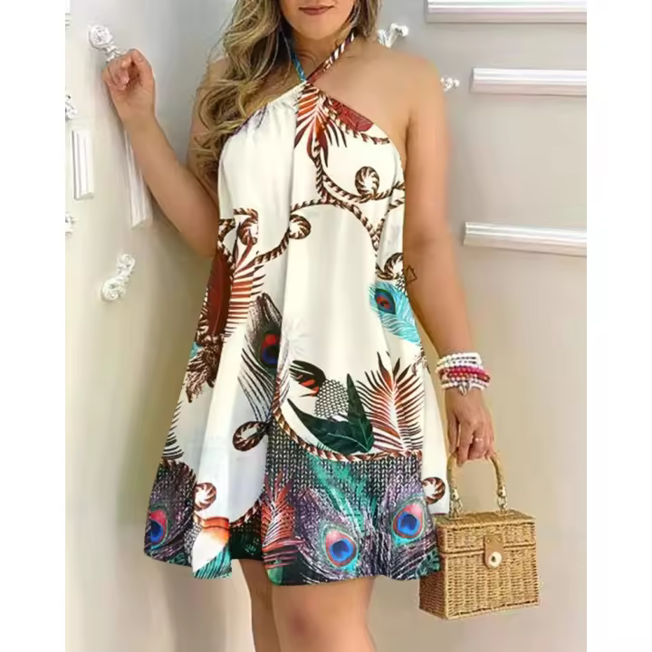 Nuevo vestido de tirantes estampado suelto con cuello descubierto y hombros descubiertos de verano - 1