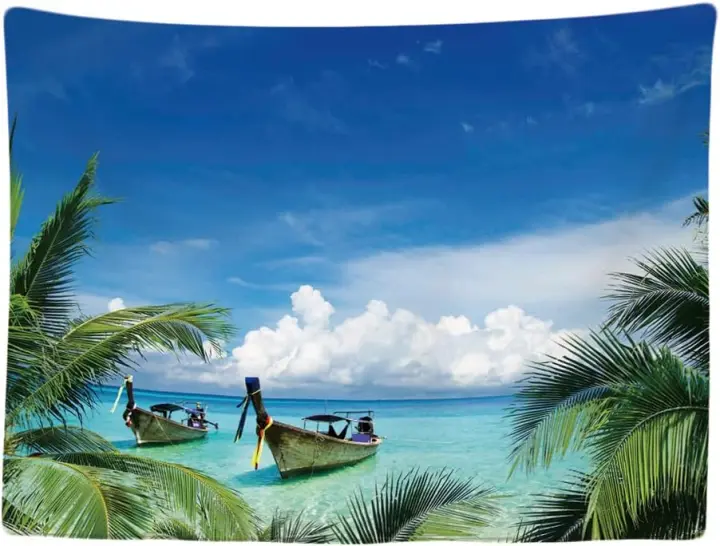 Playa mar barco Palmboom Natuur - Tapiz - Tapiz grande - Decoración de carteles - Decoración - Papel pintado - Lienzo - Azul - 1