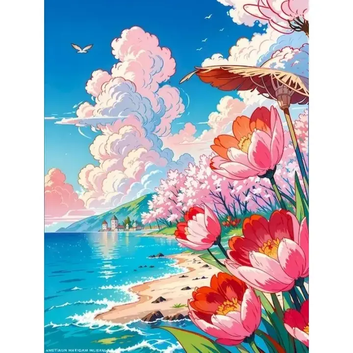 Cuadro de Pintura de Acrílico Ruopoty con Marco de Artesanía y Dibujo de Flor Regalo para Adultos Decoración de Hogar con Paisaje Landsacape Tamaño 40x50cm - 1
