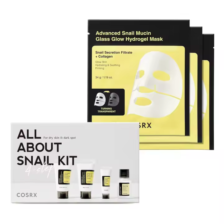 COSRX All About + Mask 3EA- Set de cuidado de la piel con mucina de caracol y mascarilla facial de colágeno de hidrogel con brillo de vidrio, artículos esenciales de viaje, medias - 1