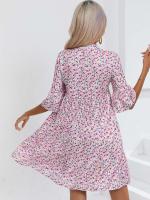 Vestido corto informal con estampado Floral para mujer, minivestido bohemio con manga de loto y cuello en V, color rosa - details 8