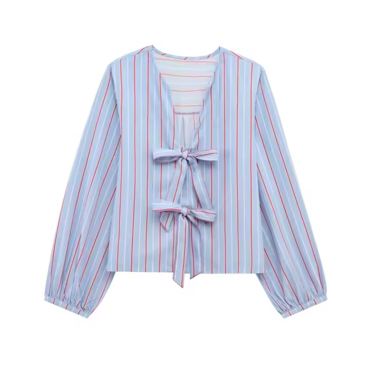 Camisa a rayas de popelina estilo dulce con cuello en V holgado 2025 decorada con lazo, novedades de verano, ropa de mujer - 1