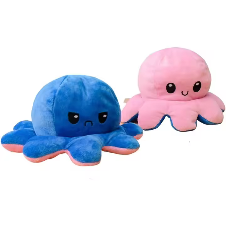 Reversible Peluche Animal Que Expresa Emociones Pulpo de Doble Cara Disponible en Naranja, Azul, Rosa, Verde, Gris - 1