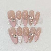 10 uñas largas de almendra hechas a mano, combinadas con diamantes y uñas artificiales adhesivas - details 2