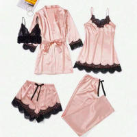 Conjunto De Pijama De Seda Para Mujer 5 Piezas Lencería Sexy De Encaje Camisola Y Pantalones Ropa Interior Para Dormir En Casa - details 11