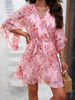 Vestido de primavera y verano para mujer, Media manga, estampado de flores, elegante cuello en V, informal, línea A, hasta la rodilla, cintura alta - details 5