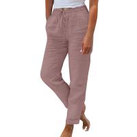Pantalones holgados de nueve puntos de pierna ancha de algodón y lino de Color sólido con cintura elástica de verano para mujer - details 2