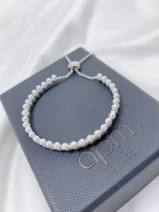 ΑΡМ Monaco Brazalete premium ajustable hacia arriba y hacia abajo Pulsera de oro rosa con perlas de plata de ley - 1