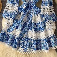 Minivestido ajustado con agujeros y manga acampanada para mujer, minivestido con estampado ral, cuello levantado, con cordones y cintura alta - details 27