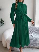Vestido plisado elegante con cuello levantado y manga larga y cintura cerrada para mujer, vestido largo de Otoño Invierno - details 27