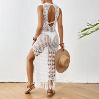 Vestido de Playa de Crochet para Mujer: Cubrebikini Largo Maxi con Espalda Abierta, Flecos y Tejido Abierto - Protección Solar Verano - details 5