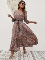 Novedad de verano, vestido bohemio de viaje para vacaciones y playa con cuello en V y mangas tres cuartos con mangas acampanadas y lazo en la cintura - details 2