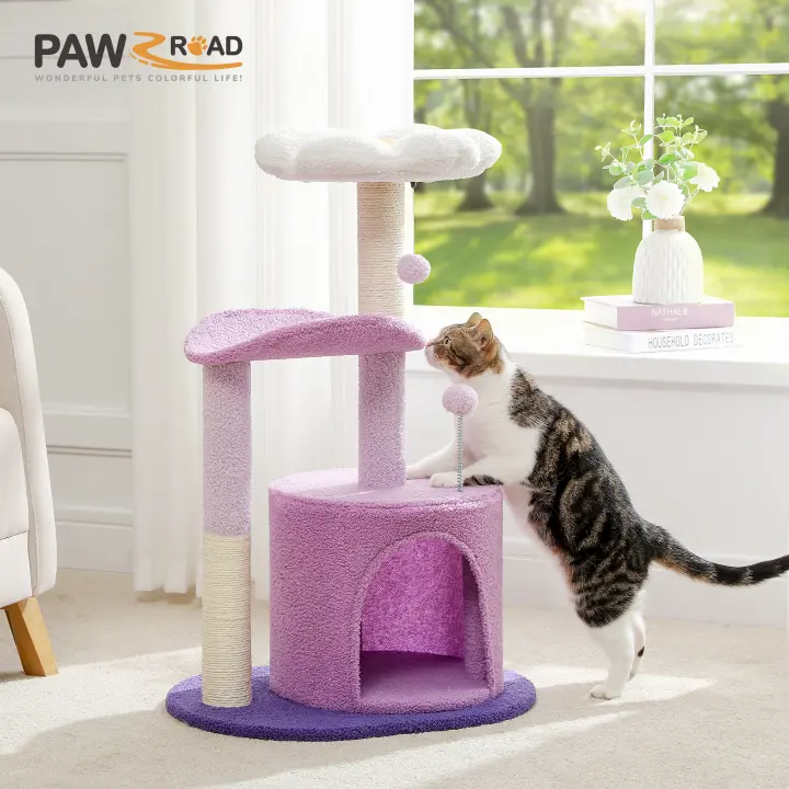 Árbol Rascador para Gatos PAWZ Road de 39x54x84 cm con Cueva Hamaca Camas de Felpa Plataformas Múltiples Postes Rascadores de Sisal Morado Adecuado para Todas las Razas Fabricado en China - 1