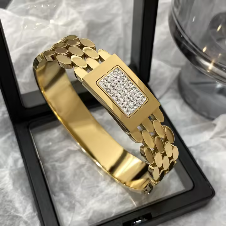 Brazalete con cinturón cuadrado de diamantes de imitación con microincrustaciones de lujo para mujer, joyería resistente al agua de acero inoxidable chapada en oro a la moda - 1
