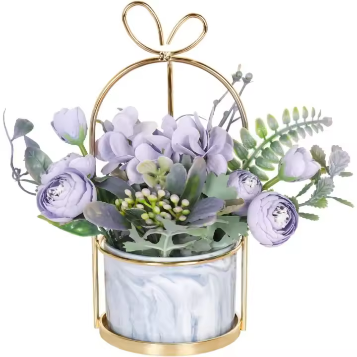 Flores Artificiales en Maceta Decoración Falsa de Hortensias Reales de Seda para Bodas, Mesas, Sala de Estar, Dormitorio Maceta de Mármol Rosa - 1