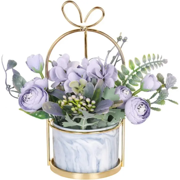 Flores Artificiales en Maceta Decoración Falsa de Hortensias Reales de Seda para Bodas, Mesas, Sala de Estar, Dormitorio Maceta de Mármol Rosa - 1