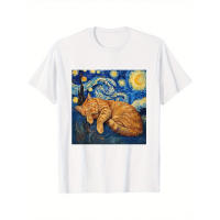 100% Algodón, Manga Corta, Cuello Redondo, Diseño de Gato Negro con Naranja y Estrellas Girando, Ajuste Casual y Cómodo, Ropa para Todos los Estaciones |     Moda inspirada en el arte. |     Lavable a máquina, camiseta para gatos. - details 1