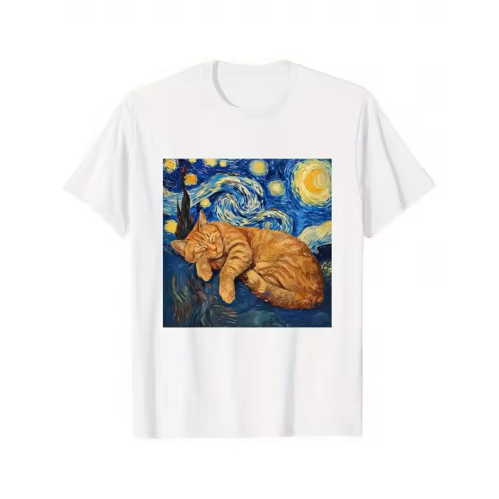 100% Algodón, Manga Corta, Cuello Redondo, Diseño de Gato Negro con Naranja y Estrellas Girando, Ajuste Casual y Cómodo, Ropa para Todos los Estaciones |     Moda inspirada en el arte. |     Lavable a máquina, camiseta para gatos. - 1