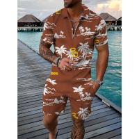 Traje de verano para hombre, holgado, informal, con estampado digital 3D, cierre de cremallera, camisa POLO de manga corta - details 2