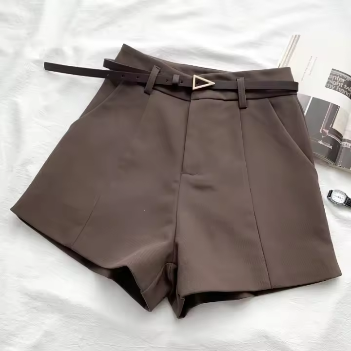 Pantalones cortos informales para mujer Corte en A, cintura alta, elegante para oficina con cinturón, vintage para primavera y verano - 1