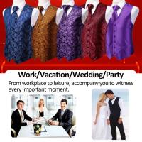 Chaleco ajustado, corbata, bolsillo, gemelos cuadrados, chaleco de seda para hombre, conjunto de corbata para traje, vestido, chalecos florales de cachemira de boda, regalo - details 30