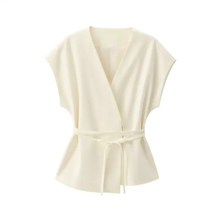 OUWU- Conjunto De Pantalones De Verano Para Mujer, Tops Sin Mangas Con Cordones De Doble Solapa + Bolsillo Con Cremallera, Plisado, Sólido, Holgado, Informal - 1