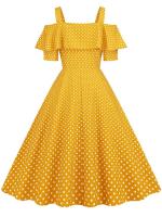 Vestido de fiesta Vintage elegante con hombros descubiertos, vestidos Midi de verano con lunares y volantes para mujer - details 42