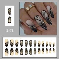 24pcs Uñas Postizas De Acrílico Long Almond Con Diseño De Mariposa Negra Y Flores Moradas Estilo Francés Para DIY - details 4