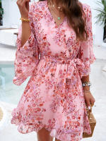 Vestido de primavera y verano para mujer, Media manga, estampado de flores, elegante cuello en V, informal, línea A, hasta la rodilla, cintura alta - details 3
