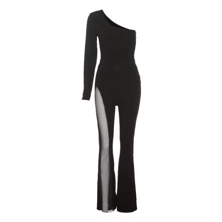 BUNO-monos de malla de retales para mujer, monos Hipster con hombros inclinados, mono acampanado de manga única, ropa de calle de otoño para mujer - 1