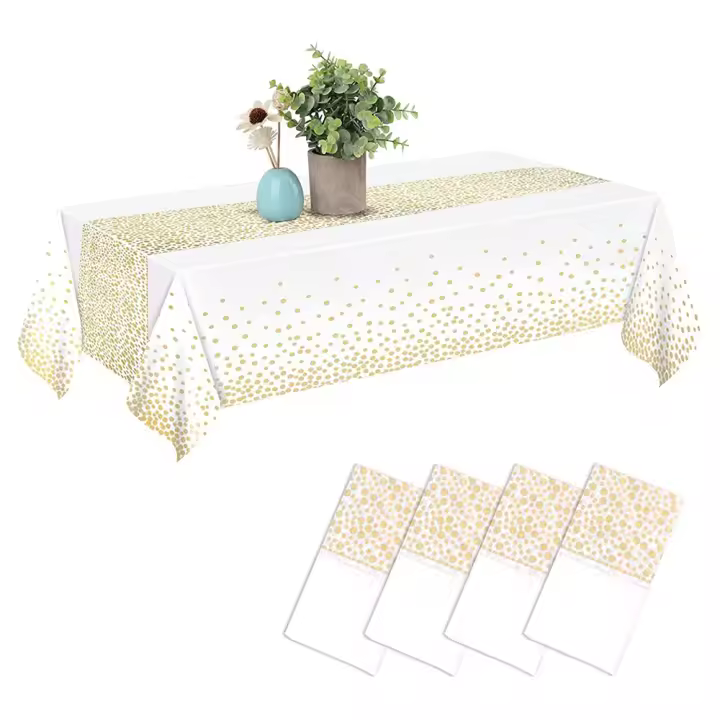 Mantel desechable impermeable, 137x274 cm, blanco y dorado, 4 piezas - 1