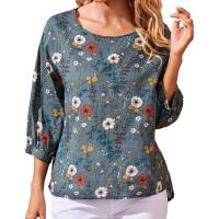 Camisa informal de talla grande para mujer, top holgado con manga acampanada y cuello redondo con estampado floral, top informal de oficina para mujer - details 3