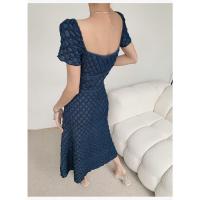 Nuevo temperamento, vestido largo azul para ir al trabajo, moda de verano con cintura, descanso para el café, vestido fino con cuello cuadrado francés para mujer - details 6