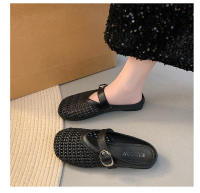 Verano nuevas zapatillas perezosas transpirables tejidas de un pedal zapatillas de cabeza de bolso de fondo plano cómodo de suela suave para mujer. - details 14