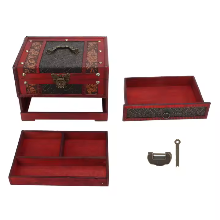 Caja de joyería Vintage, diseño multicapa, Retro, elegante, hermosa y funcional, caja de almacenamiento de joyería de madera con cerradura - 1