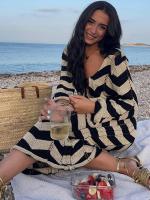 Vestidos de punto a rayas para mujer, vestido Maxi de playa con cordones de manga larga para mujer, batas ajustadas de punto con cuello cuadrado calado - details 3