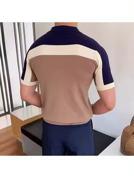 Ropa de hombre, suéter de punto con costuras, polo ajustado de manga corta con contraste de color para hombres - 1