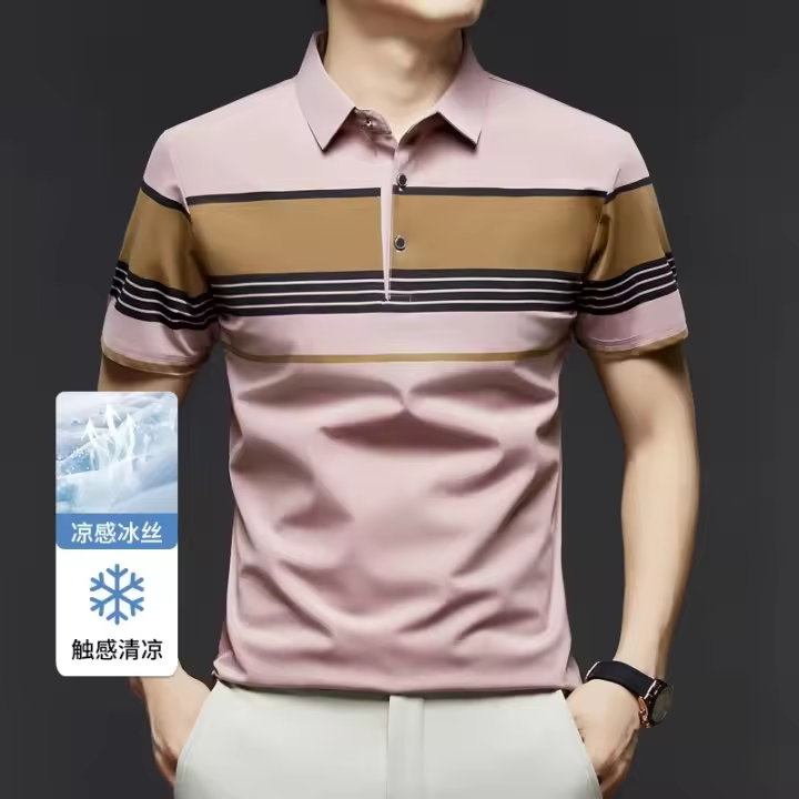 Polo de Seda de Hielo para Hombre Camiseta de Manga Corta de Verano Estilo con Corbata Rayas - 1